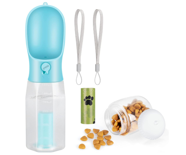 1 Zivacate Hundetrinkflasche 600ml, Multifunktionale Tragbare Hundetrinkflasche für Unterwegs mit 100g Futterbehälter