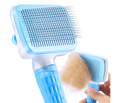 Hundebürste, Katzenbürste, Tierbürste, Haarentferner, Tierbürste für langes und kurzes Haar, Tierhaare mit einem Knopf aus der Bürste entfernen, Blau